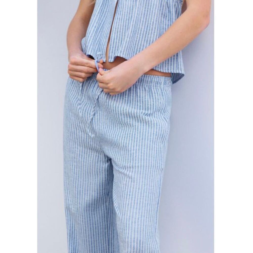 Pull&Bear Blue Oversize Striped Linen Blend Pyjama-Style Trousers XXS